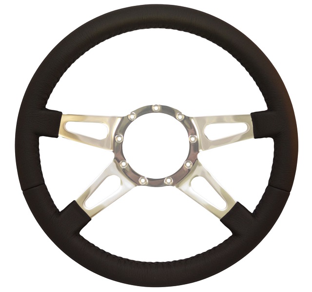 Auto Pro Large Cap Steering Wheel - Black Leather with Brushed 4-Spoke Center with slits