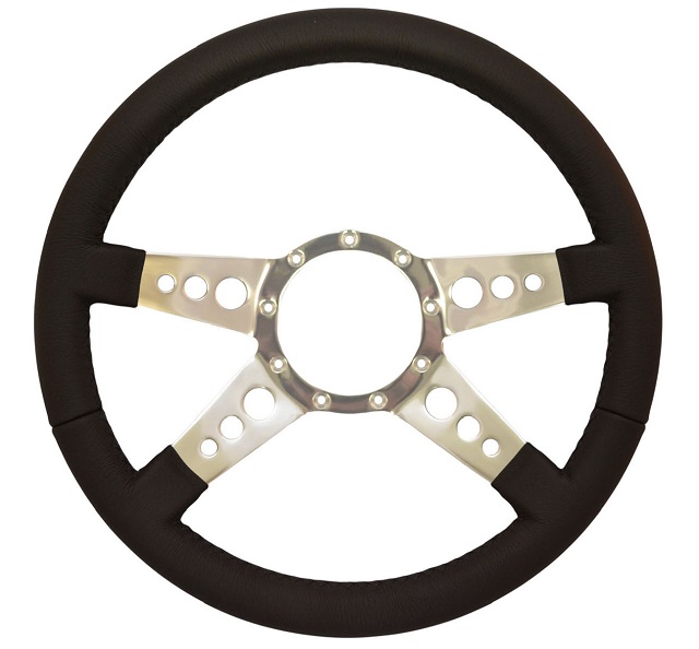 Auto Pro Large Cap Steering Wheel - Black Leather with Brushed 4-Spoke Center with holes