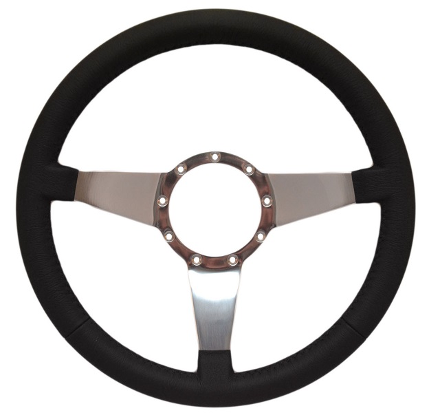Auto Pro Large Cap Steering Wheel - Black Leather with Brushed 3-Spoke Center Solid (no holes or slits)